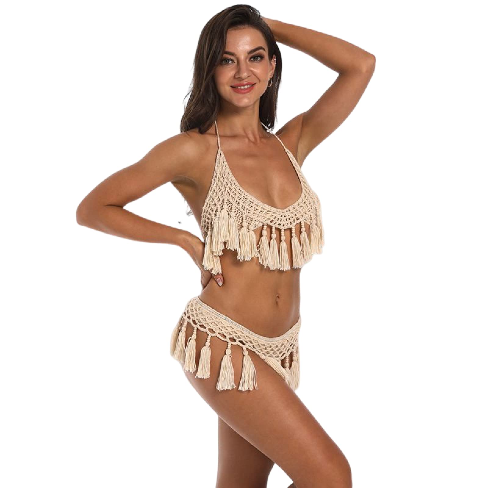 Conjunto De Bikini De Ganchillo Hecho A Mano A La Moda Traje De Baño con Borlas De Verano Traje De Baño Sexy con Cuello Colgante Y Espalda Descubierta Ropa De Playa