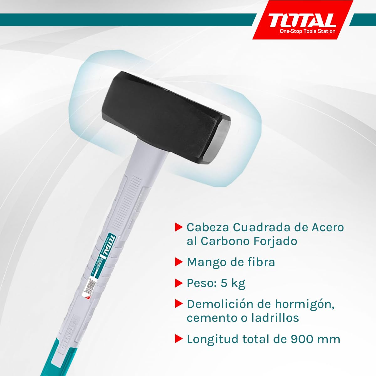 TOTAL - Maza Albañil | 5 kg y 900 mm de Largo | Adecuado Para la Construcción | Alta Resistencia al Impacto | Cabeza Cuadrada de Acero al Carbono Forjado | Mango de Fibra