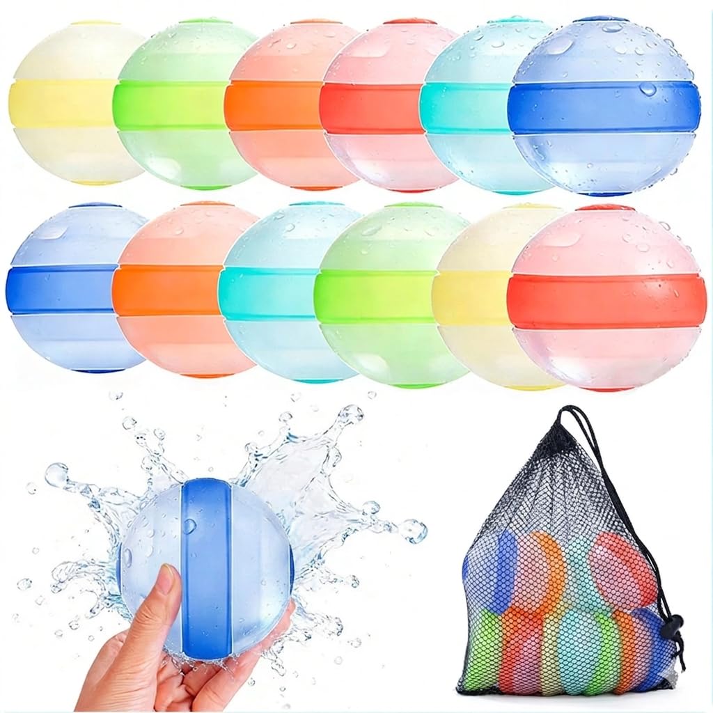 12 Pack Reusable Water Balloons Quick Fill & Self Sealing – Soft Silicone Water Bombs, Non-Magnetic Safe Pool & Beach Toys for Kids, Boys, Girls & Adults, Summer Outdoor Garden Water Games Age 3+