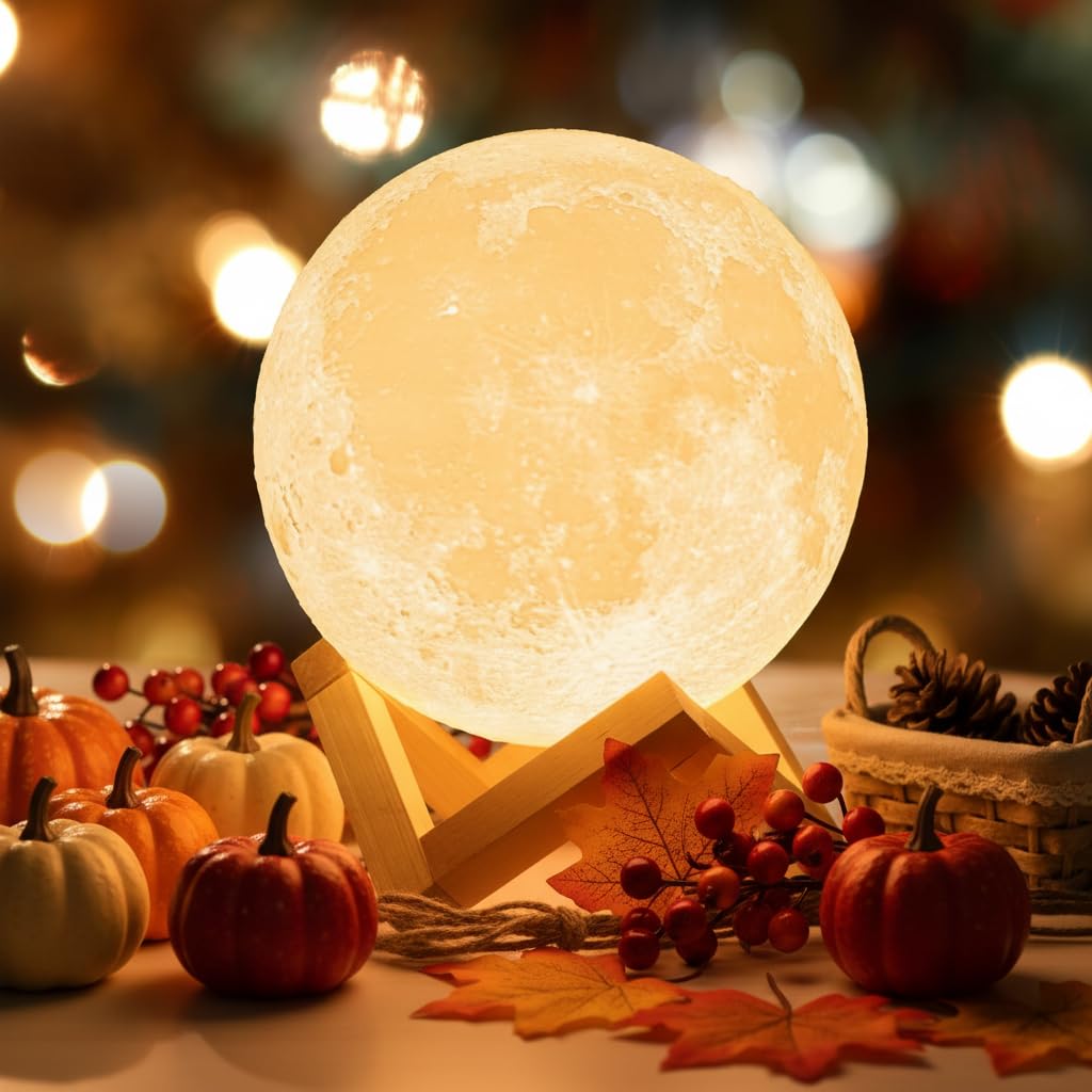 Mydethun 3D Moon Lamp, 7.1' Large Touch-Dimmable Night Light with Wooden Base – Rechargeable Dual-Color White/Warm Yellow, Gift for Mom, Bedroom, Home & Fall Decor