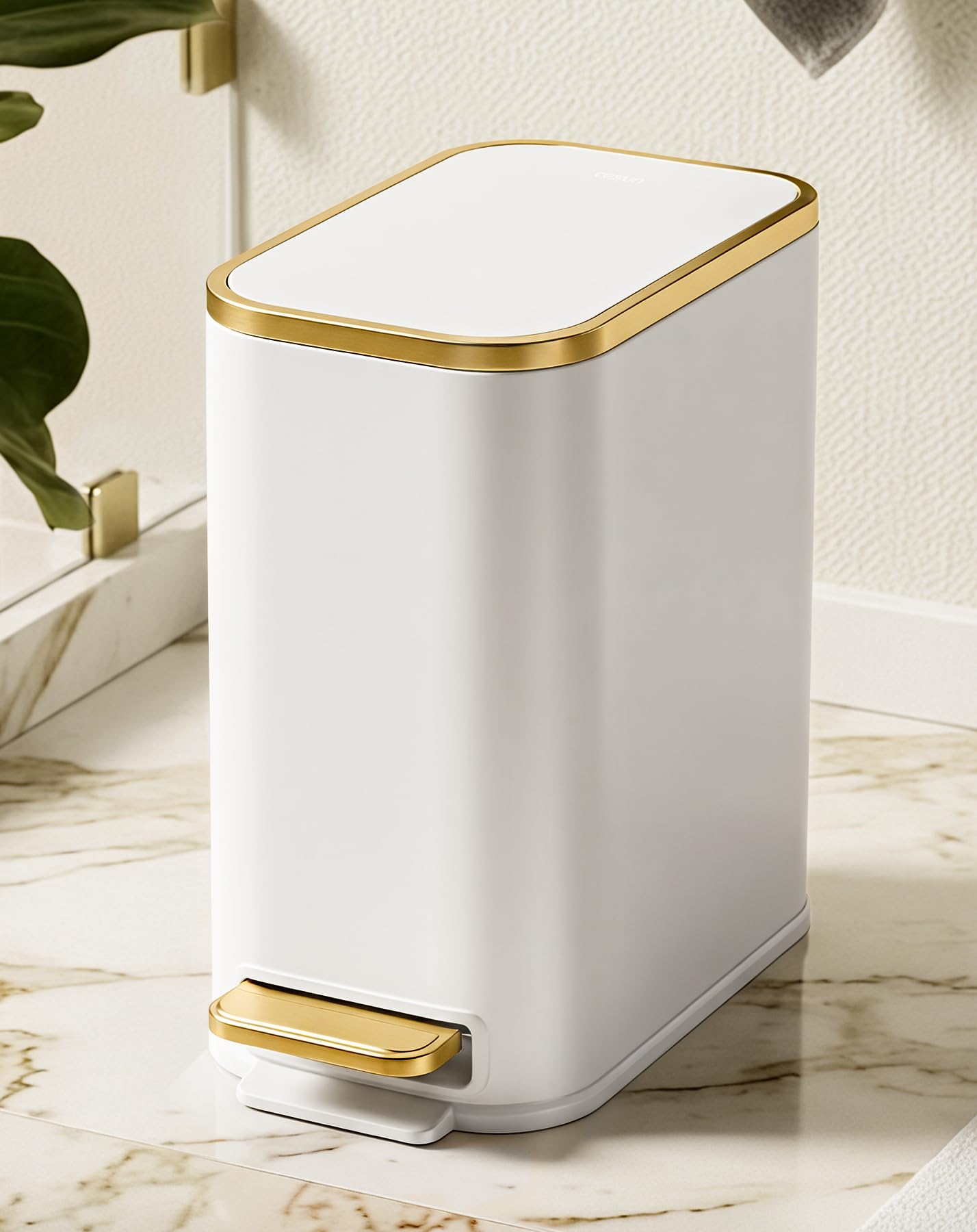 Cesun Small Bathroom Trash Can with Lid Soft Close, 5 Liter/1.3 Gallon Stainless Steel Garbage Can with Removable Inner Bucket, Step Pedal, Slim Waste Basket for Toilet, Office, Bedroom (White&Gold)