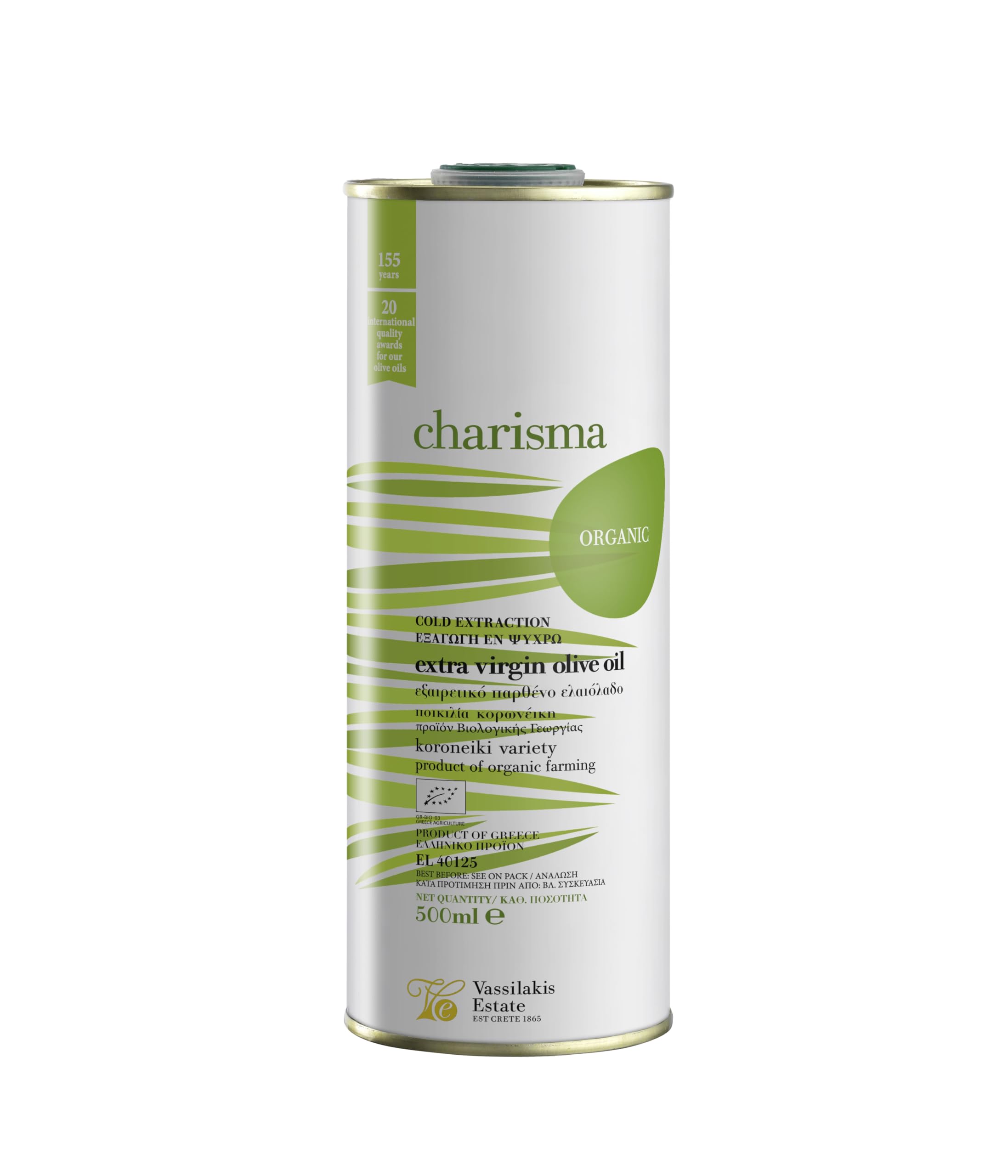 Charisma Greek Organic Extra Virgin Olive Oil from Crete Tin, 500 ml - Cold Extraction