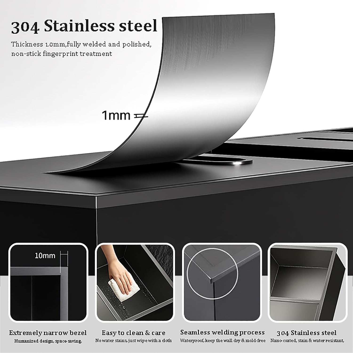 Recessed Stainless Steel Shower Niche & Shelf, Built-in Black Toilet Paper Holder, Wall-Mounted Trash Can, Perfect for Bathroom & Kitchen Storage Solutions.