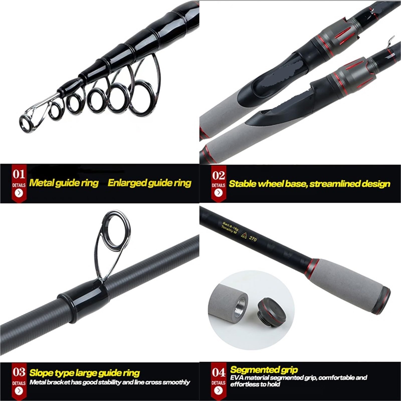 Canna da pesca Canna da pesca spinning ultraleggera 1,8-3,0 m 6-7 sezioni Asta baitcasting con manico in EVA Peso esca 8-18 g