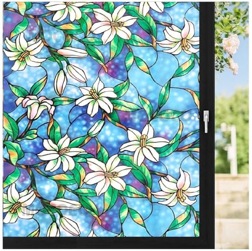 Image of MOCOCO Premium Vinyl Privacy Stained Window Glass Sticker (16x60 Inch) - Self-Adhesive Decorative Film Opaque Sheet Tint Wallpaper for Glass Cover Window, Door, Office.| Anti-UV. Blue Lily Flowers