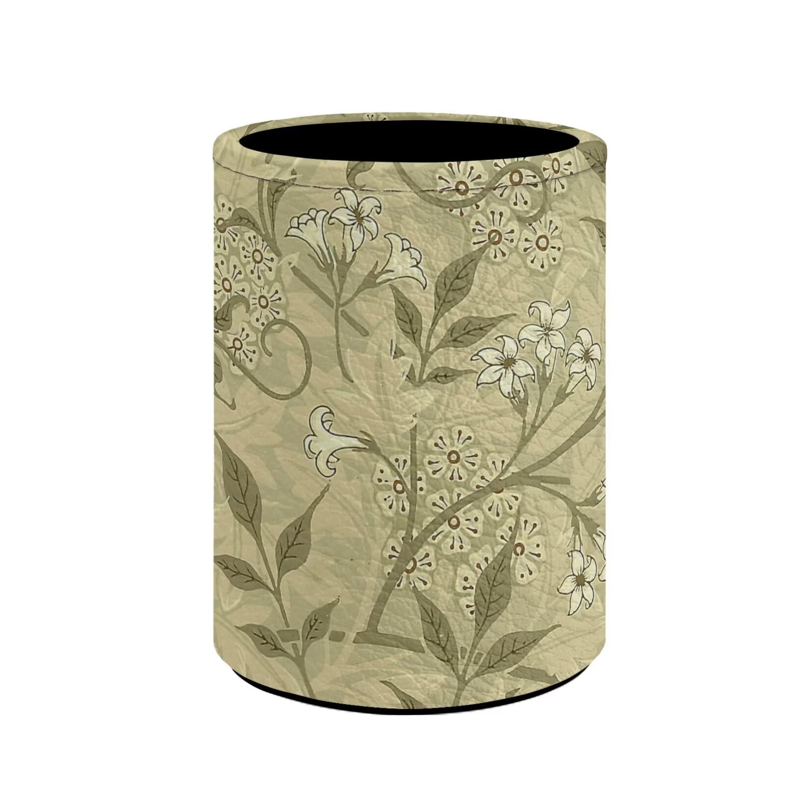 Buxolandt Pencil Holder Pen Cup Container PU Leather Desk Organizer Stand Decor Brush Scissor Holder Decoration Office Desk Home School Supplies (7.6 x 10.3 cm) Vintage Bird Pattern Print Blue