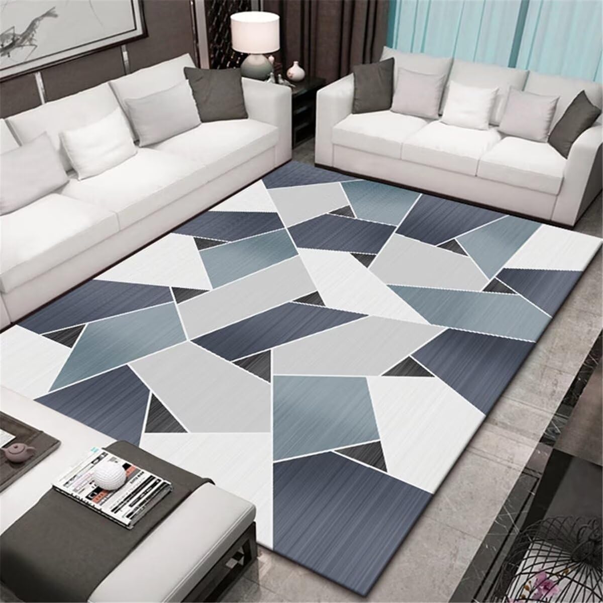 Tapis de salon géométrique lavable gris bleu 160x200cm anti-taches pour chambre