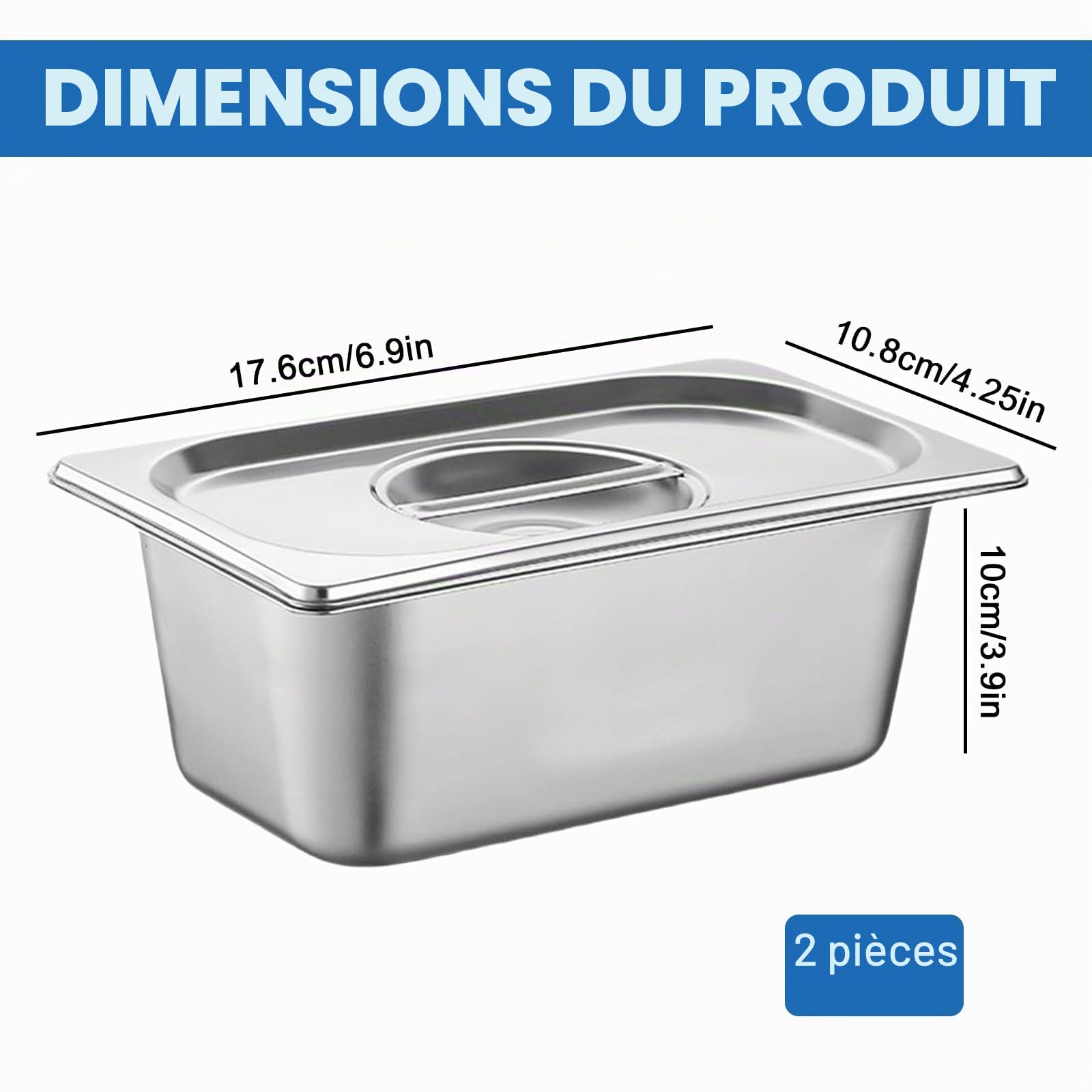 Lot de 2 bols à panure 1/3 en acier inoxydable avec couvercle – Bols à paner empilables pour restaurants, restaurants, fêtes de famille, accessoires de cuisine, gastronomie (32,5 x 17,5 x 6,5