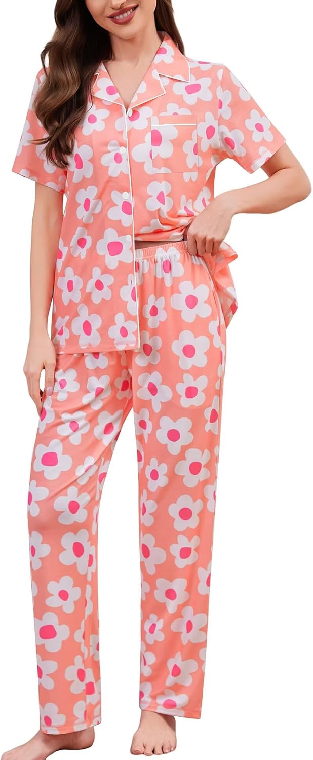 SWOMOG Women Pajama Sets Two-Piece Nightwear Short Sleeve Sleepwear Button Down Pj Lounge Sets with Long Pants