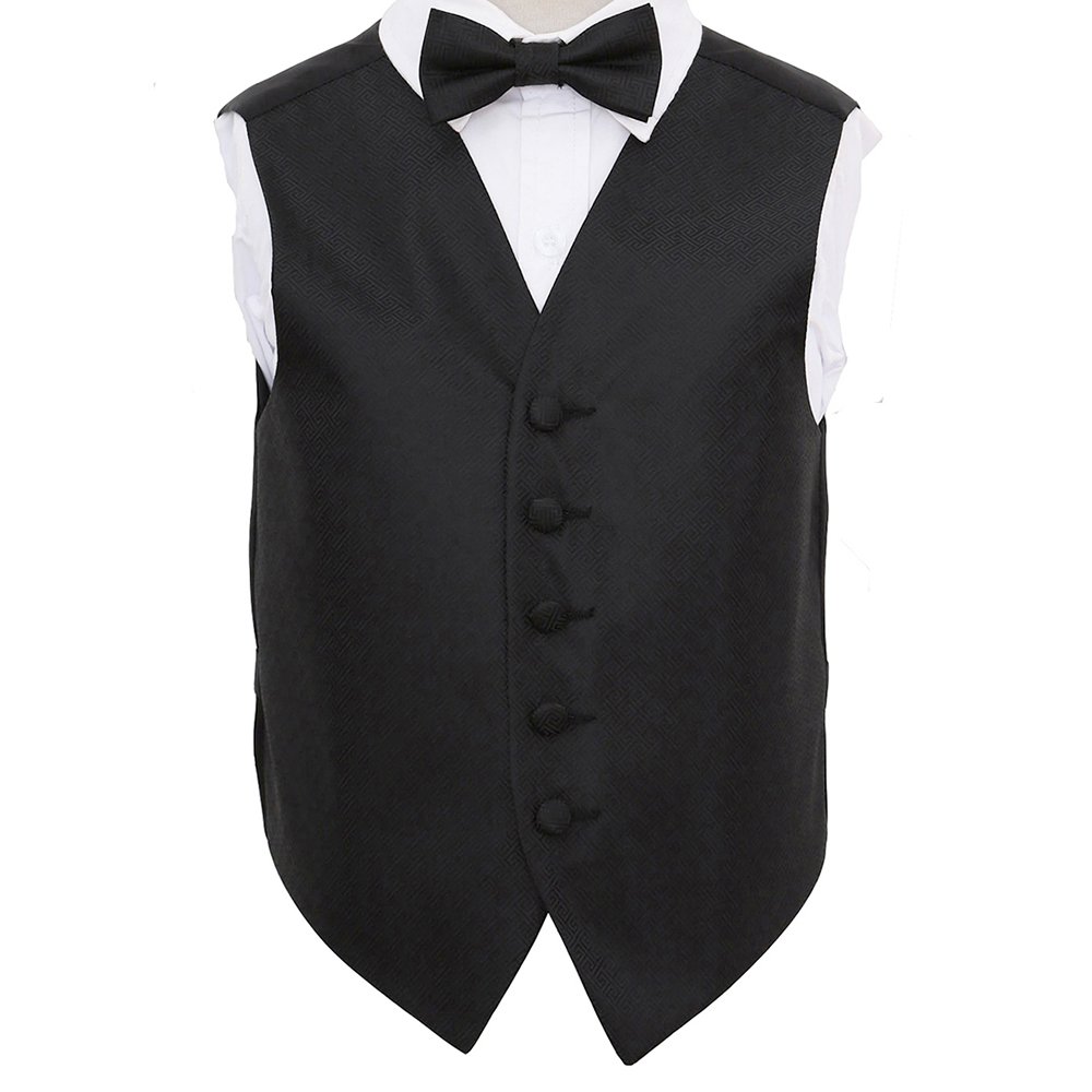 DQT Boys Greek Key Jacquard Waistcoat & Pre-Tied Bow Tie Set (2pc) - Wedding Pageboy Formal Vest - Black 11-12 Years 32"
