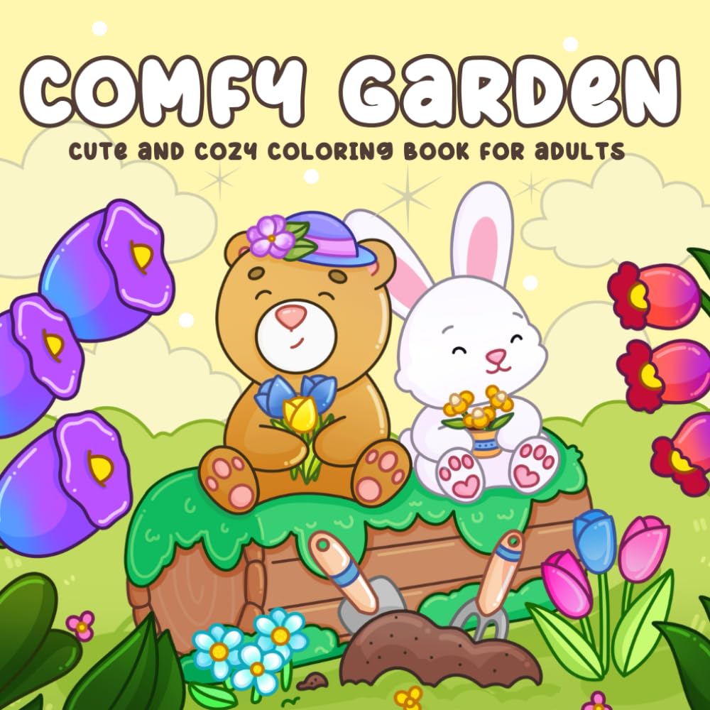 Comfy Garden, Cute Cozy Coloring Book For Adults and Teens: Chill Vibe Illustrations Featuring Plants, Flowers, Cute animals in Bold & Easy Style