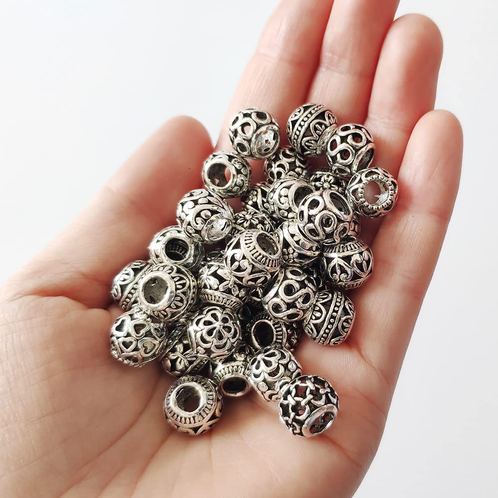 40 Perline 12 mm distanziali in Argento, Perline tibetane in Lega di Metallo Argento Antico, Forniture per Gioielli Fai da Te, Braccialetti e Orecchini