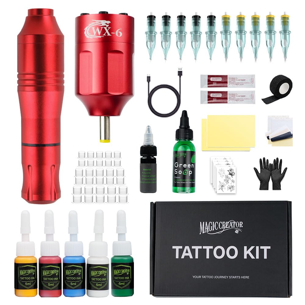 Robert Rotary Machine with wx6 Battery tattoo kit, Type C Fast charging, 1300mAh Battery Power Supply. Rotary Machine Kit Complete kit (Red)