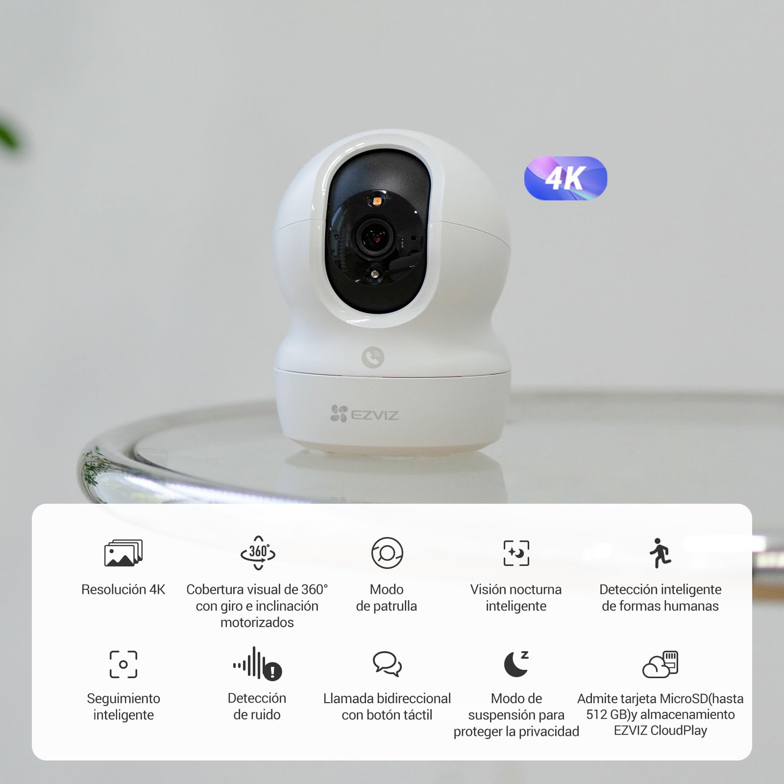 EZVIZ 4K Cámara Vigilancia WiFi Interior 360°, Cámara IP 8MP AI Deteccion de Personas/Ruido, Vision Nocturna en Color, Seguimiento y Zoom Automático, Llamada Bidireccional, Soporta 512GB, CP1 Pro