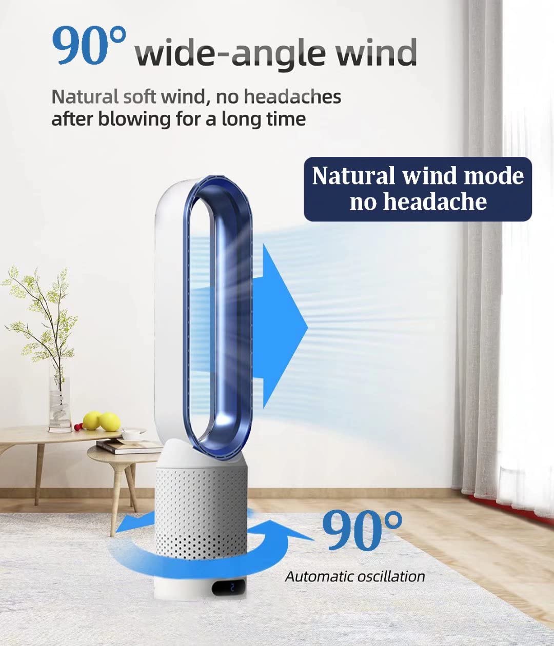 Bezostrzowy wentylator wieżowy, oscylacja 90 °, 8 prędkości, pilot zdalnego sterowania, LED Touch Sn, tryb Quiet Sp do użytku domowego i salonu