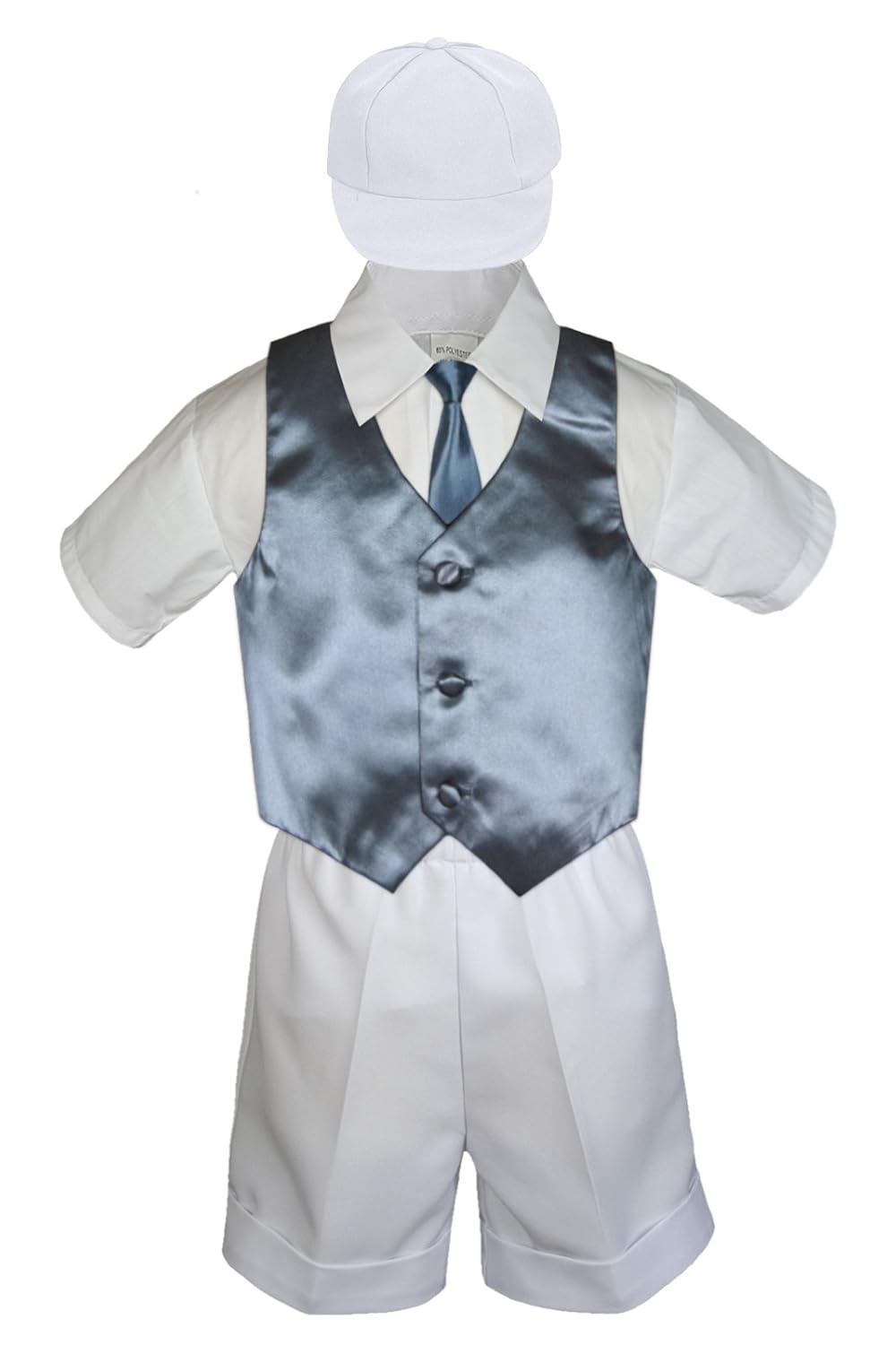 5pc Baby Toddler Boys White Shorts Hat Dark Gray Necktie Vest Suits Set (3T)