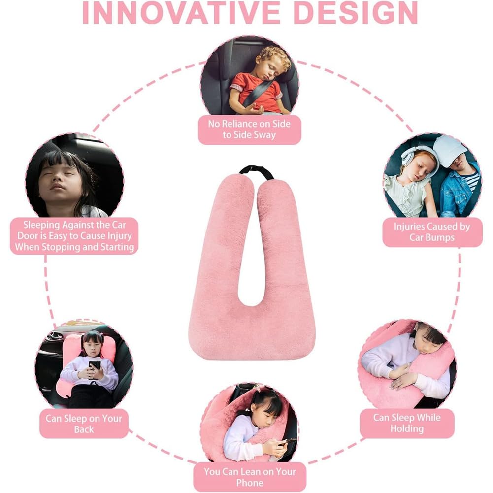 Cuscino da Viaggio, Cuscino da Viaggio per Bambini, Cuscino Multifunzionale A Forma di U per Auto, Supporti per Posteriore per Testa e Corpo (Rosa)