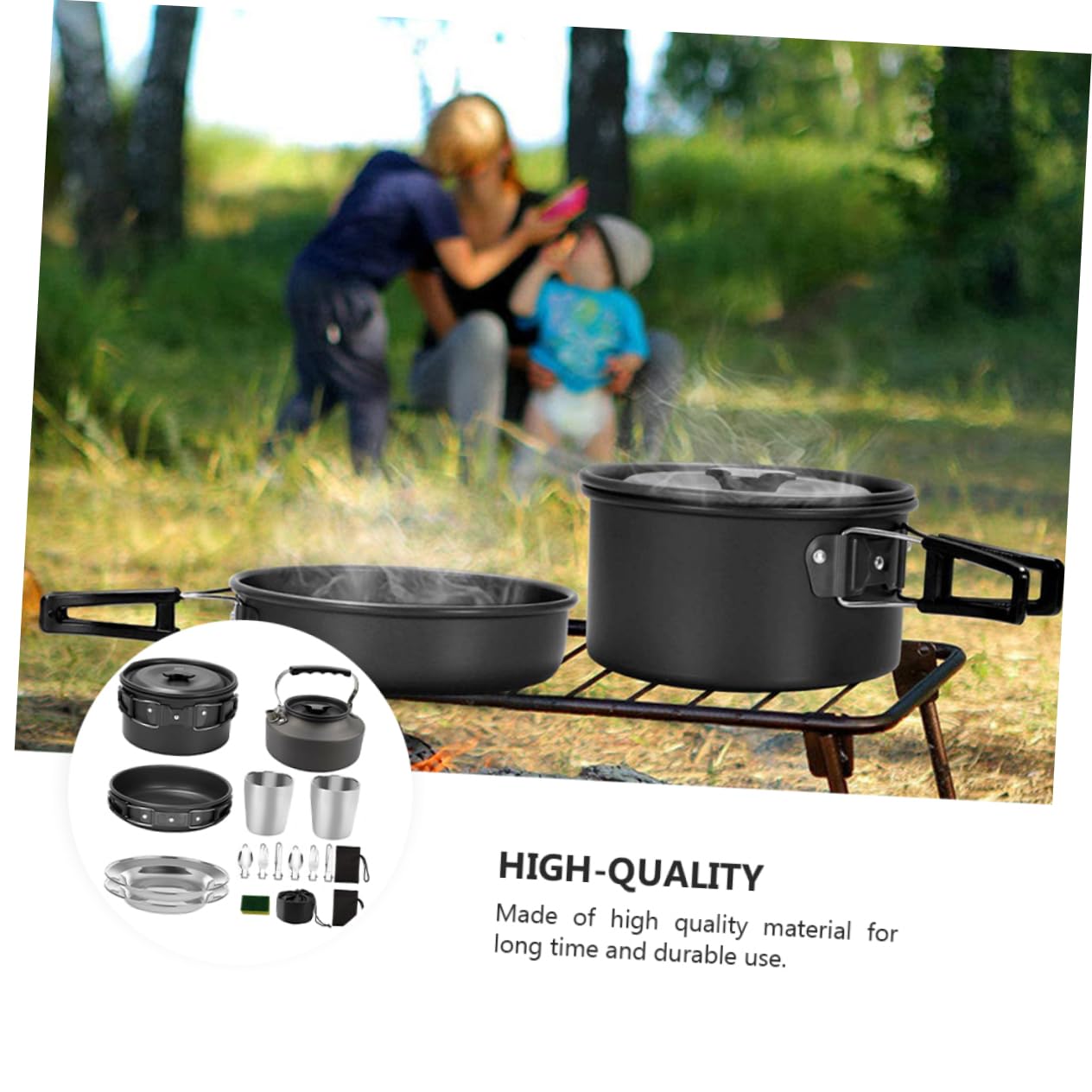 Kit de Cocina de Camping para 2-3 Personas, Juego de Utensilios de Aleación de Aluminio Negro, Fácil de Transportar y Almacenar para Actividades al Aire Libre