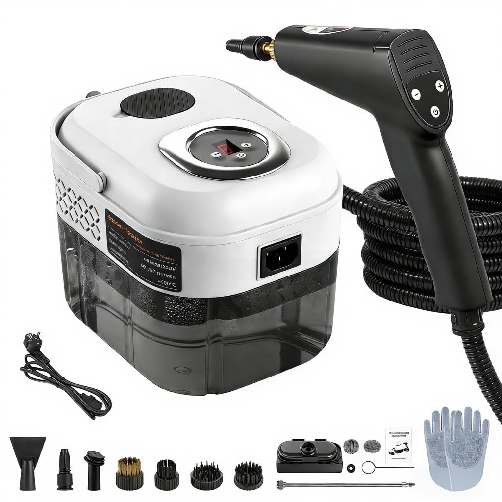Ręczna myjka parowa 2500 W, 6 poziomów prędkości, zbiornik na wodę 1,7 l, parownica do kuchni, łazienki, tarasu, fug płytek, podłóg i pielęgnacji samochodu (czarna)
