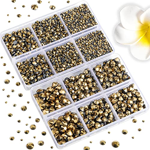 Image of 6736pcs Hotfix Rhinestones Flatback,Gold Rhinestones for Crafts Clothes Mixed 5 Sizes, Hotfix Crystals with Tweezers and Wax Pencil Kit, SS6-SS30,Aurum