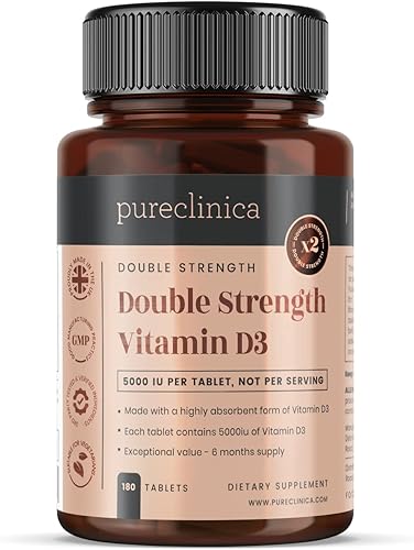 pureclinica Vitamina D3 de doble fuerza 5000IU x 180 tabletas (suministro para 6 meses!)