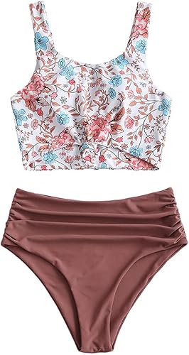 ZAFUL - Conjunto de tankini con cuello redondo para mujer, diseño anudado y de cintura alta, traje de baño de dos piezas