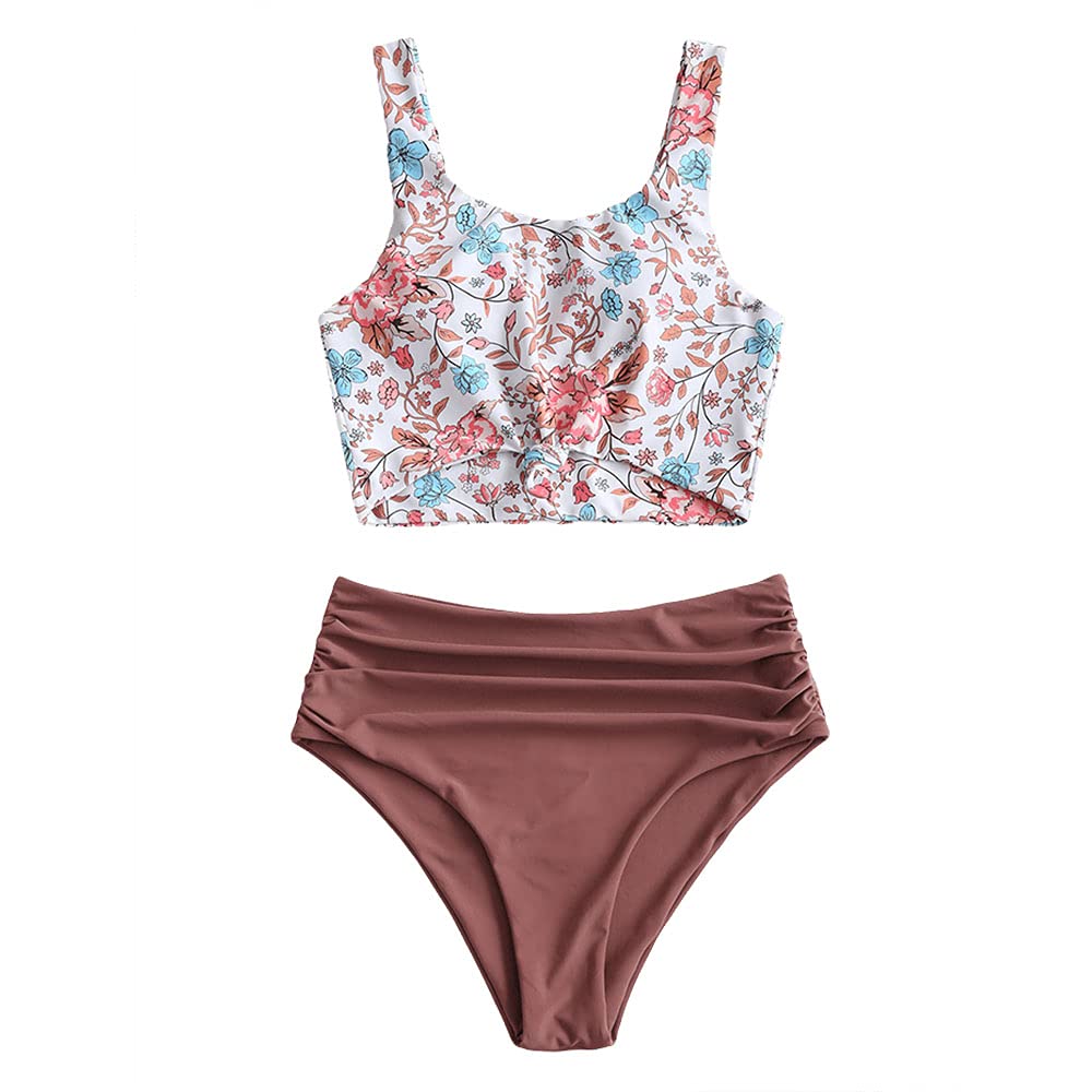 Women's Scoop Neck Tropical Leaf Knotted Two Pieces Tankini Set Swimsuit (D-Chestnut, M)-image-17