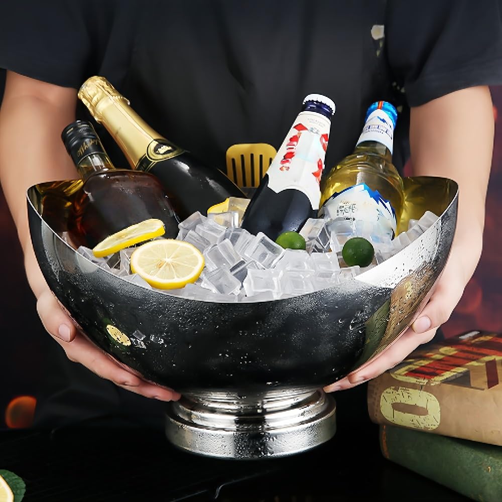 Grande secchiello per champagne in acciaio inox, per vino, birra, bevande, ciotola moderna con base a piedistallo per feste, bar, barbecue, matrimoni, uso ristorante (argento)