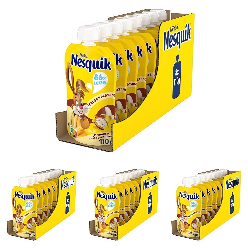 Bolsita NESTLÉ NESQUIK Cacao Plátano, para niños a partir de 3 años, 8 Bolsitas de 110g (Paquete de 4)