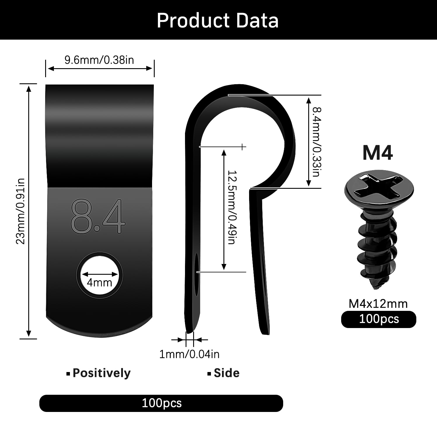 VooGenzek 100 Piezas 8.4mm (5/16 Pulgada) Clips de Cable de Nailon Tipo R, Abrazaderas de Cable Tipo R con 100 Piezas de Tornillos, para Gestión de Cables (Negro)