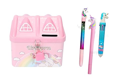 Sanjis Enterprise Combo of Unicorn Hut Piggy Bank 3 Unicorn Pen for Kid Boy Girl, Retro Iron Sheet Key Locked Paper Money Coins Metal Currency Money Saving Box Stationary Se