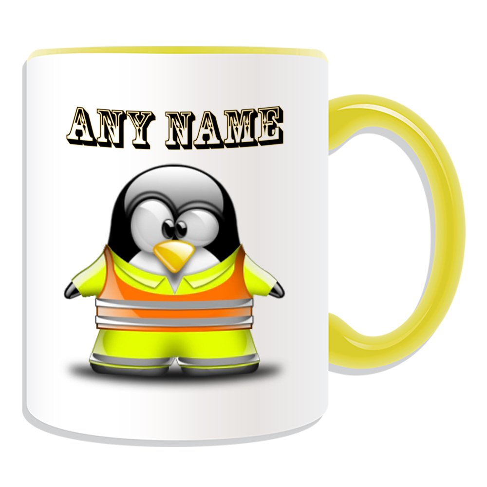 UNIGIFT Personalised Gift - Worker in Hi Vis Jacket Mug (Penguin in Costume Design Theme, Colour Options) - Any Name/Message on Your Unique - Yellow High Visibility