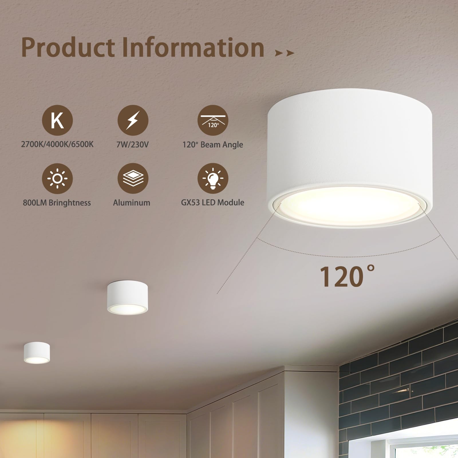 KYOTECH Ściemnialne reflektory LED z reflektorami sufitowymi Ø95 x 55 mm, z modułem LED GX53 7 W 800 LM 230 V, 2700K/4000K/6500K, sufitowy wystający, okrągła lampa sufitowa do salonu, 4 sztuki