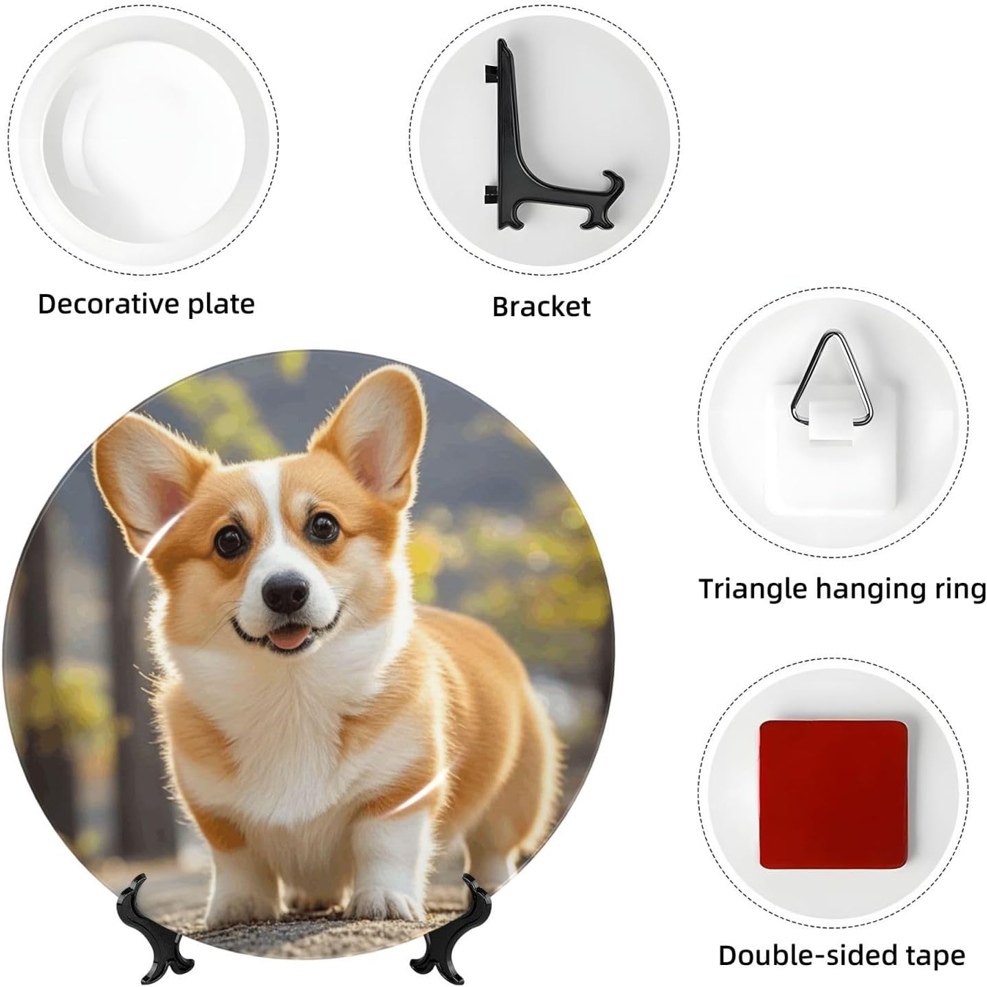 Bone China Decorative Plate with Display Cute Corgi dog Ceramic Plates Crafts Art Decor Dessert Plate Ceramic Ornament Porcelain Plates for Living Room Kitchen Table Home Decor