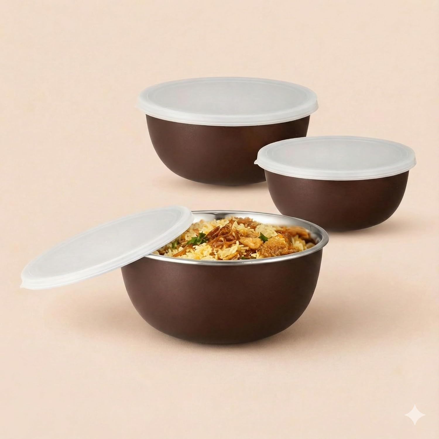 Stainless Steel Mixing Bowl Set with Lids, Microwave Safe Food Storage Containers, 500ml 800ml 1250ml, Sand Brown, Pack of 3, Leak-Proof BPA-Free (Purple 3)