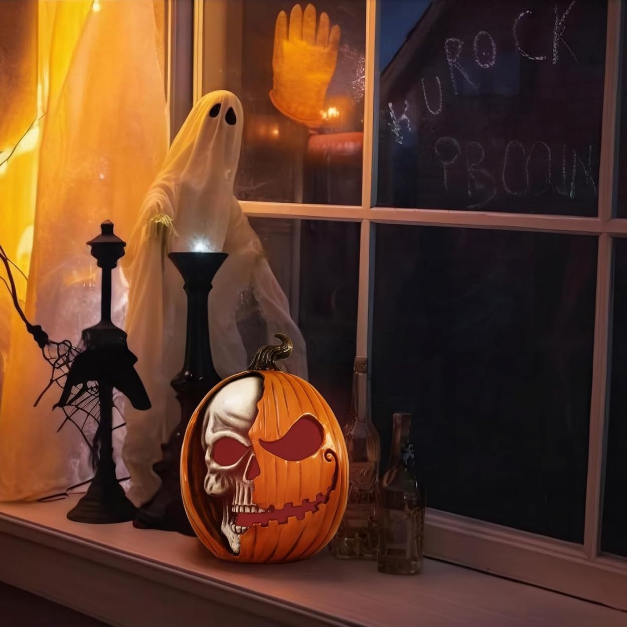 Halloween Decoration, 11x8in Large, Horror Style, Resin Jack-O'-Lantern Ornament, LED Decorative Light, Indoor & Outdoor Multi-Scene Use