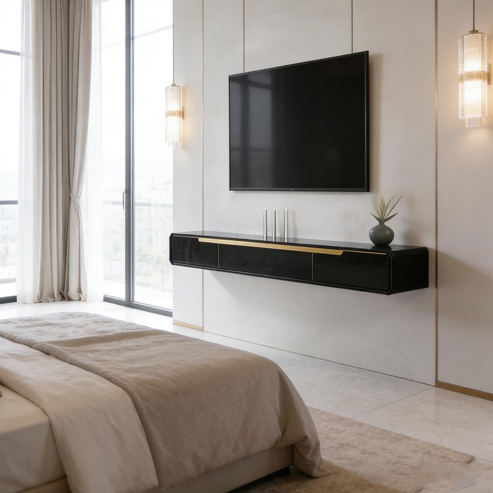 Mueble de TV Colgante de Madera Maciza, Estante Flotante Moderno con 2 Cajones, Orificios para Cables, Bordes Redondeados, Salón Dormitorio (A Negro, 140CM)
