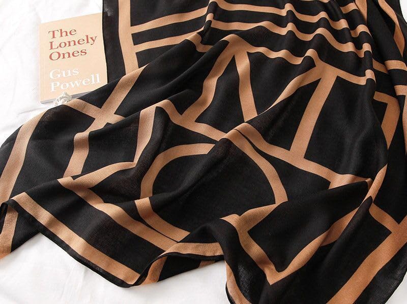 Image of Alexvyan Satin Silk Summer Scarves 170 x 84 cm, Black and Gold Geometric Pattern with Stitched Border, Lightweight Fashion Scarf for Women Sun Protection Stole