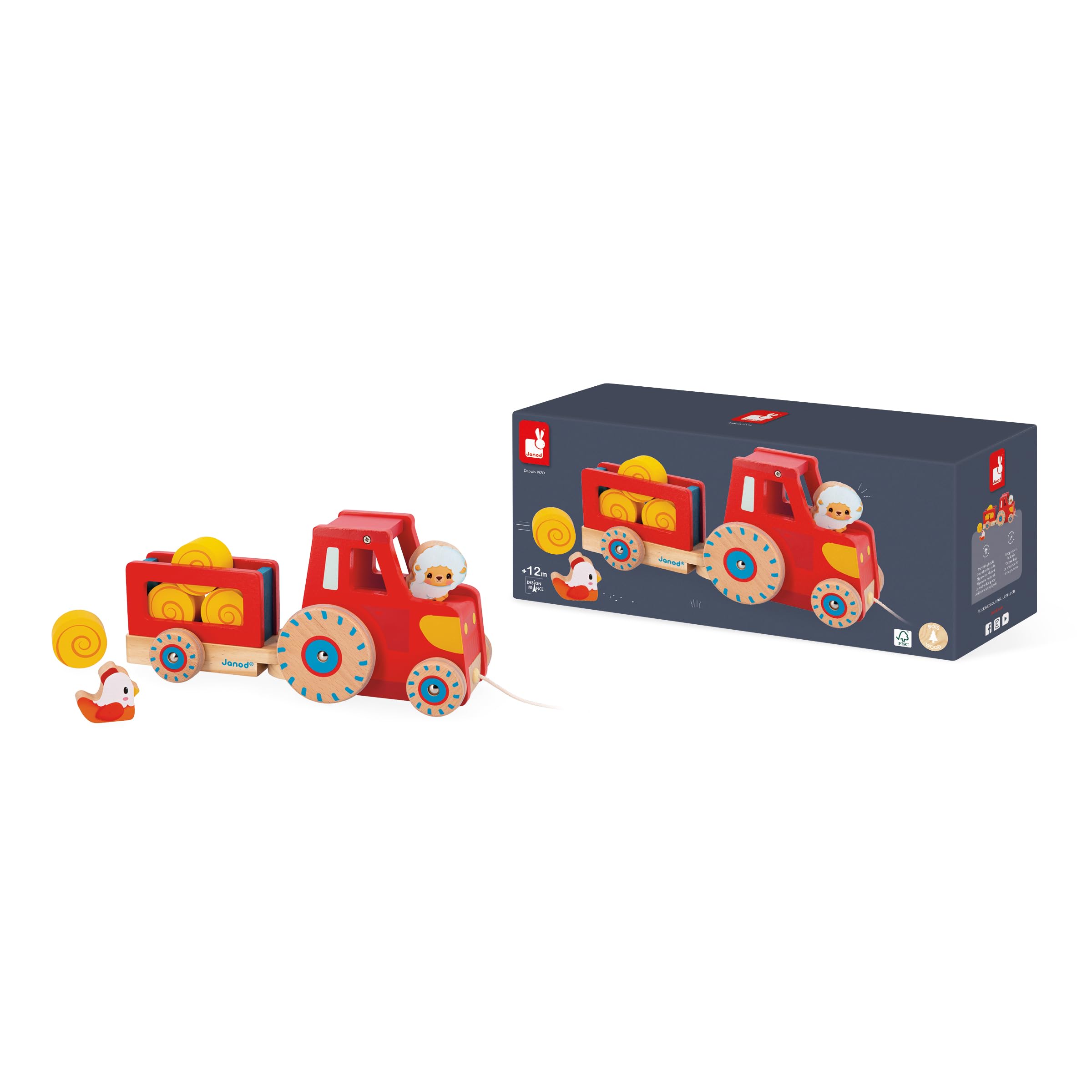 Janod - Trattore da Trainare - Giocattolo Multisensoriale - 1 Trattore per Bambini + 6 Accessori - Ruote silenziose - Sviluppa Le Abilità Motorie - Giocattolo in Legno FSC - dai 12 Mesi, J03317