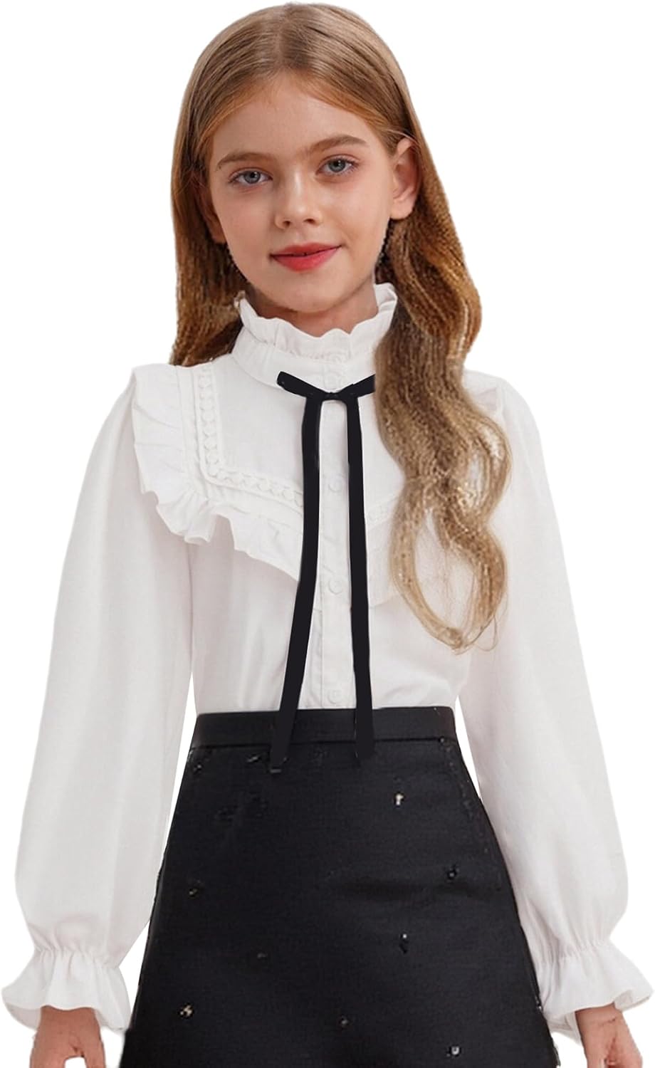 Kids Girls Long Puff Sleeve Button Down Shirt Cute Bow Tie Ruffle Collar School Uniform White Blouse Top