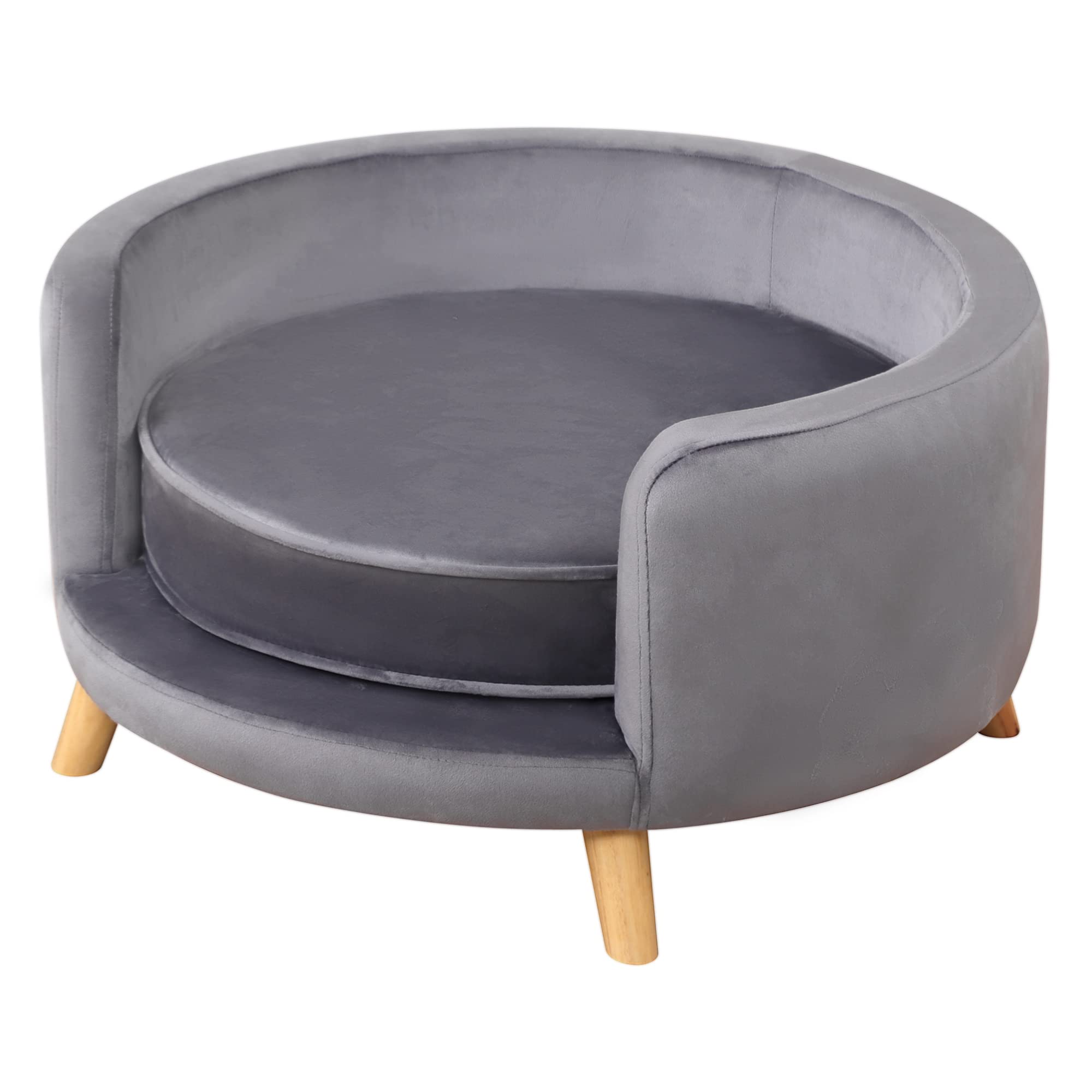 PawHut Hundesofa, Haustiersofa mit Samtoptik, Katzensofa mit Kissen, Hundebett, Hundecouch mit Erhöhtem Design, Hundesessel mit Holzbeine, Grau, 68 x 68 x 35 cm
