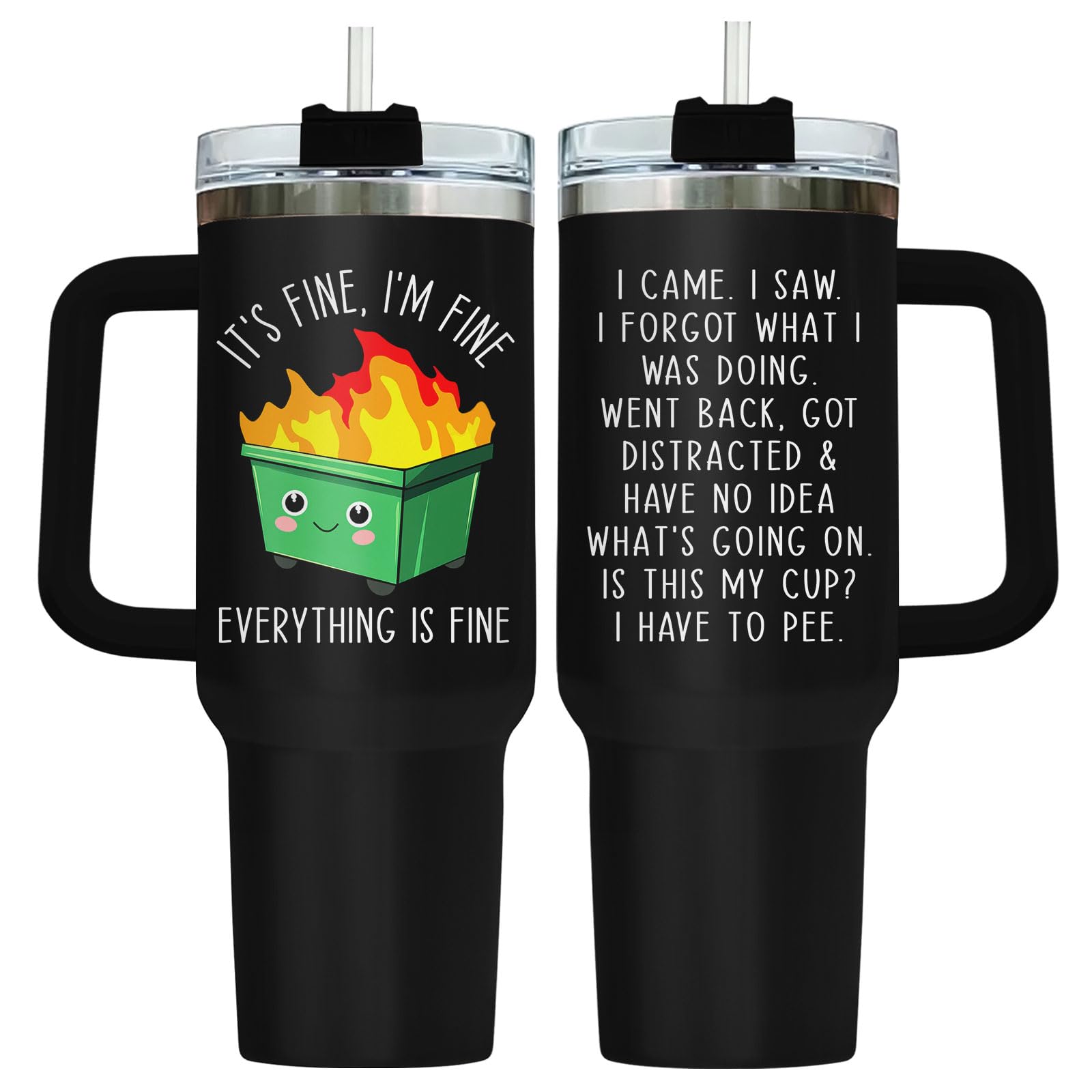 34HD Dumpster Fire Tumbler with Handle and Straw, 40oz Stainless Steel This Little Light Of My Cup, Everything Is Fine Mug, Funny Birthday Gifts for