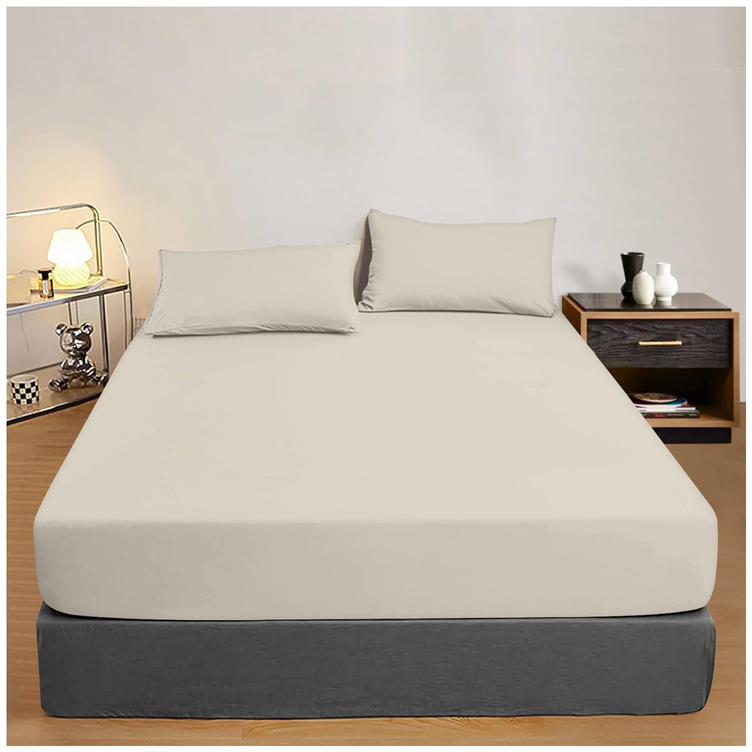 400 Thread Count Single Fitted Sheet, Luxury 100% Egyptian Cotton Bed Sheets, Plain Dyed Bedding, Cream