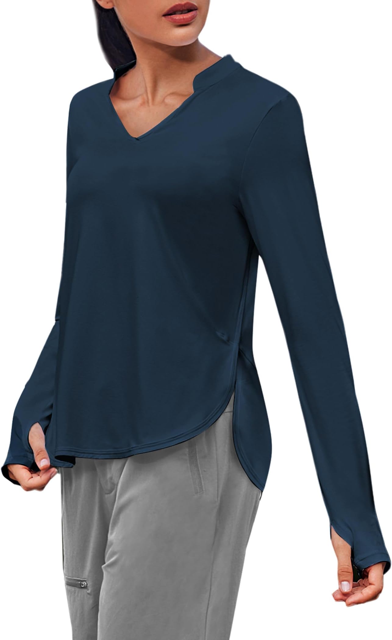 PINSPARKWomen's Long Sleeve Workout Tops V Neck Athletic Yoga Shirts with Thumb Holes Quick Dry Gym Tops Loose Fit