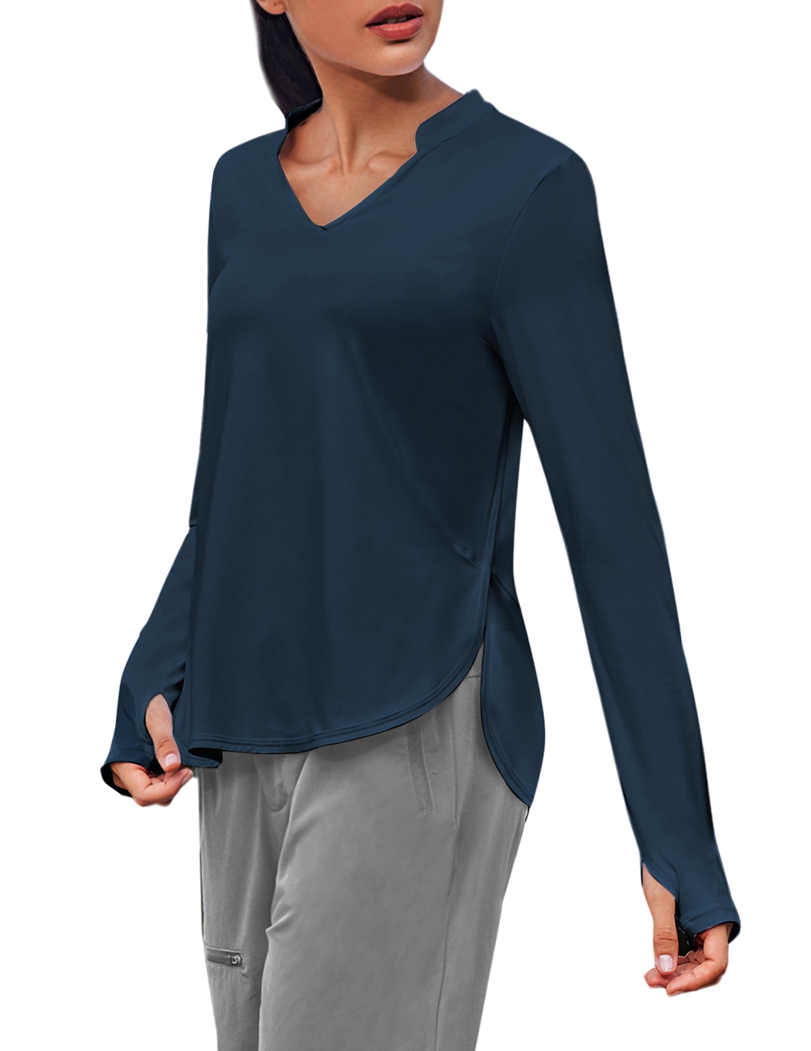 PINSPARKWomen's Long Sleeve Workout Tops V Neck Athletic Yoga Shirts with Thumb Holes Quick Dry Gym Tops Loose Fit
