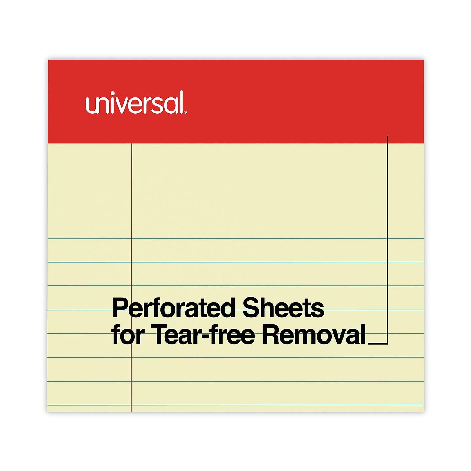 A close-up of a Universal writing pad showing the perforated line at the top of a sheet, indicating tear-free removal.