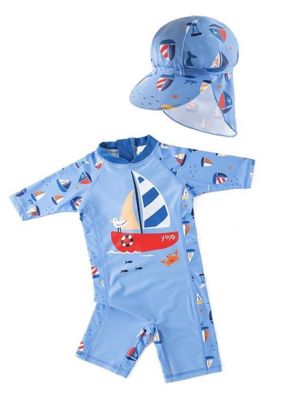 Kid Boys Chic Animals Printed One-Piece Rash Guard with Sun Hat 2pcs Swimsuit Pool Beach Bathing Suit Light Blue Sailboat