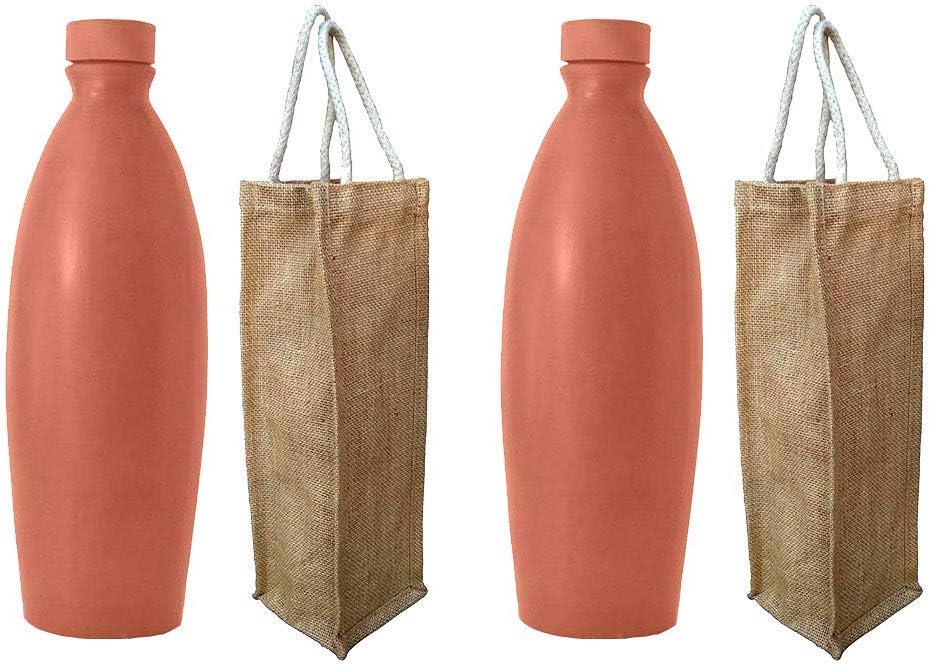 Vaikin Avenue Pack of 2 Handmade Clay Terracotta/Real Mitti Unglazed Water Bottle + Jute Bag 1000ml Health Benefits