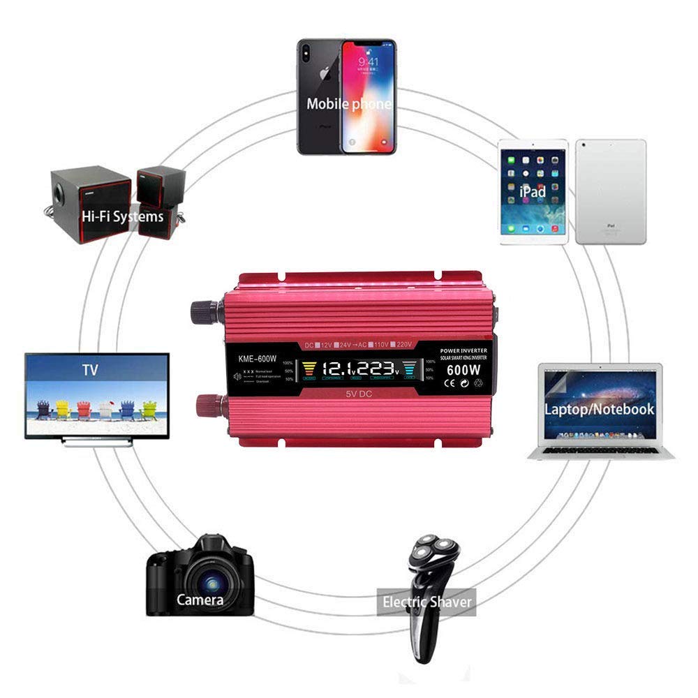 Onduleur de Voiture 600W Convertisseur de Tension 12V / 24V vers AC 110V / 220V / 230V avec écran LCD, Connexion de Charge USB pour Ordinateurs Portables, Smartphones, appareils Photo