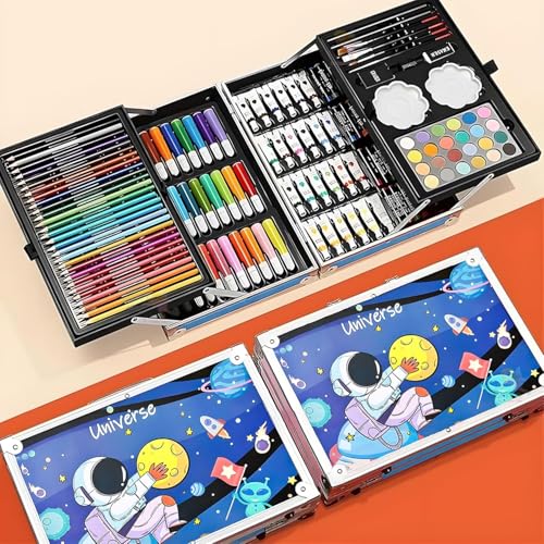 Image of Parssufy 145-Piece Art Set for Kids with Unicorn Storage Case | Drawing & Painting Kit with Oil Pastels, Watercolors, Sketch Pens, Color Pencils | Art & Craft Supplies (145-Astronaut in Space (Blue))